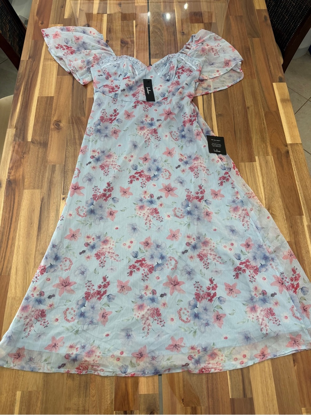 NWT Sz L Lulus Always Remarkable Light Blue Floral Maxi Dress Pink Smocked